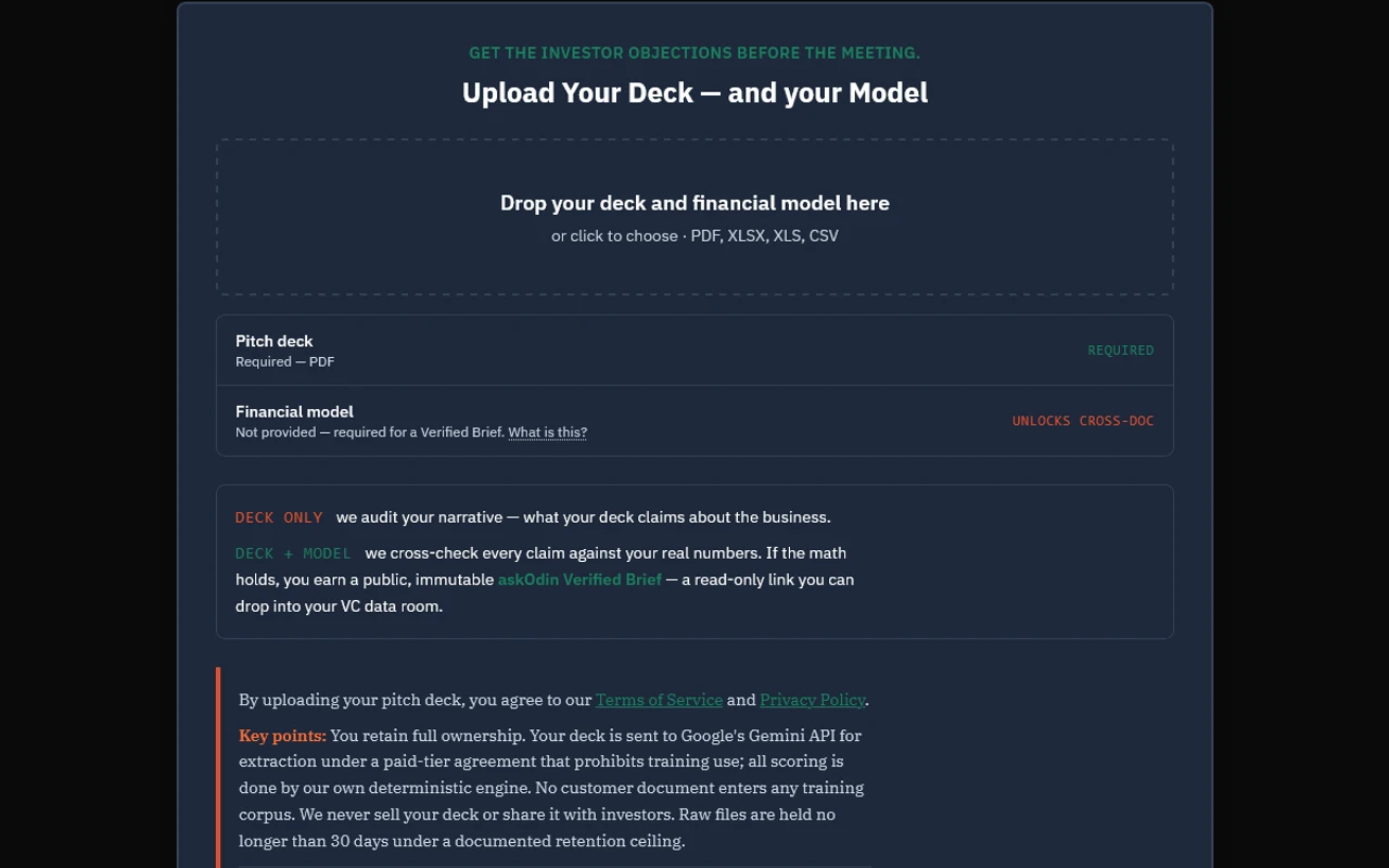 The Crucible upload screen. Pitch deck required as PDF, financial model optional but required for a Verified Brief, and a key-points notice stating that founders retain ownership, extraction runs on Google's Gemini API under a paid tier that prohibits training use, and raw files are held no longer than 30 days under a documented retention ceiling.
