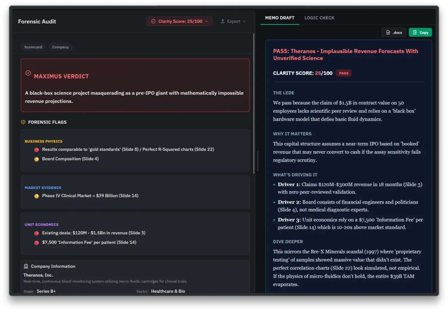 Clarity Forensic Analysis - Deep dive with Clarity Score, risk dimensions, and brittle assumption detection