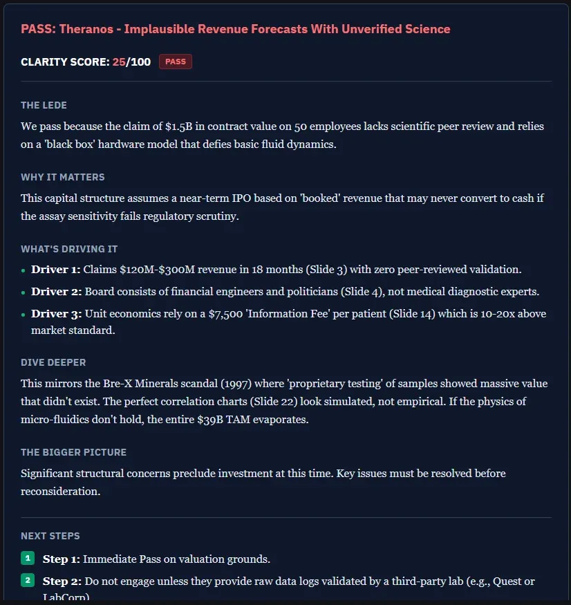 Clarity Forensic Brief - IC-ready summary with critical risk flags and investment drivers