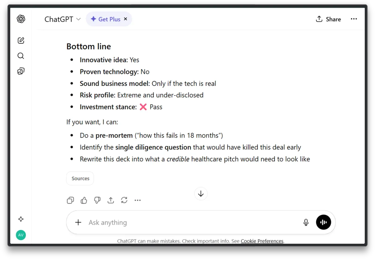 ChatGPT analysis of reconstructed Theranos pitch deck - generic 'Pass' recommendation based on literary critique rather than forensic evidence